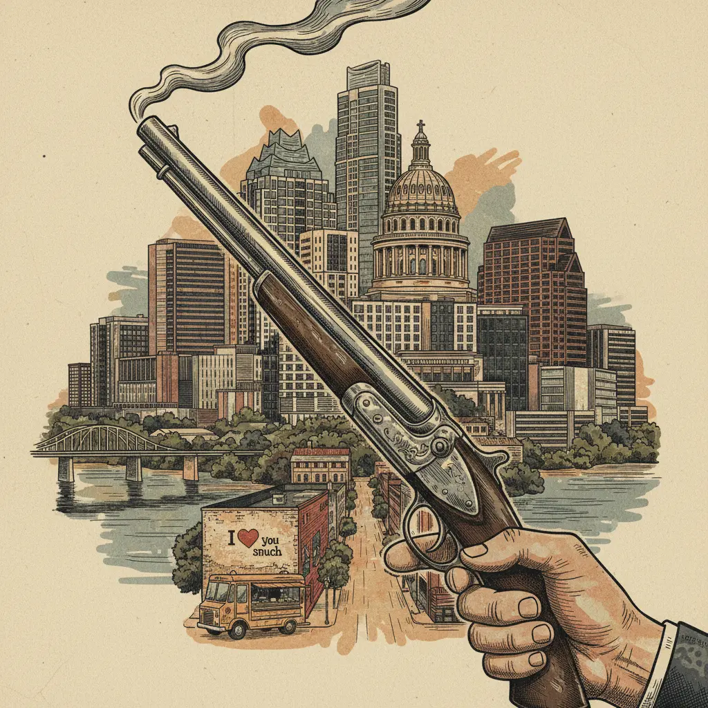 Editorial illustration: AMERICA: WHERE 'JUST A SHOTGUN' IS NOW A HEADLINE