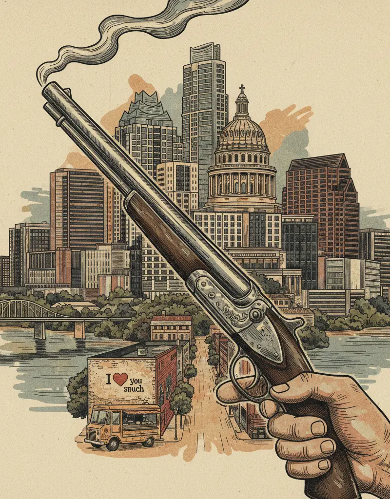 Editorial illustration: AMERICA: WHERE 'JUST A SHOTGUN' IS NOW A HEADLINE