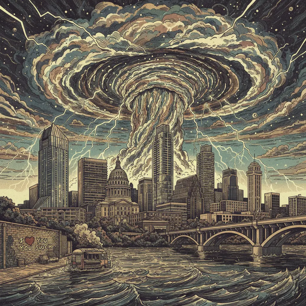 Editorial illustration: NATURE'S RAGE: PREPARE FOR TONIGHT'S FREE PSYCHEDELIC LIGHT SHOW (MAY CAUSE FLOODING)