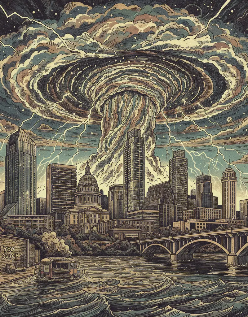 Editorial illustration: NATURE'S RAGE: PREPARE FOR TONIGHT'S FREE PSYCHEDELIC LIGHT SHOW (MAY CAUSE FLOODING)
