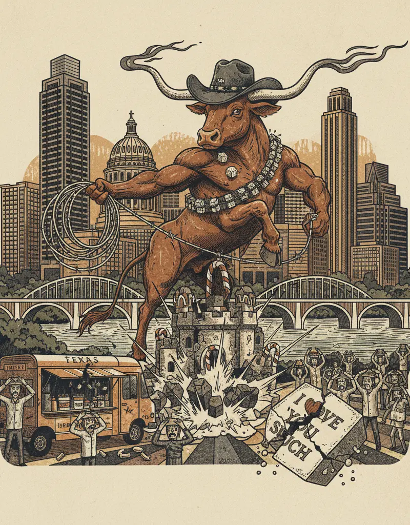 Editorial illustration: TEXAS DECLARES WAR ON SUGAR, THREATENS STATEWIDE CASE OF WITHDRAWAL
