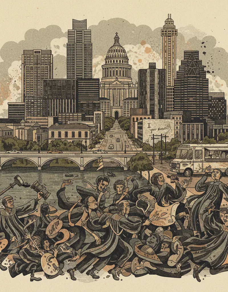 Editorial illustration: HAYS COUNTY JUDGE RACE DESCENDS INTO MAYHEM: RUNOFF ELECTION EDITION