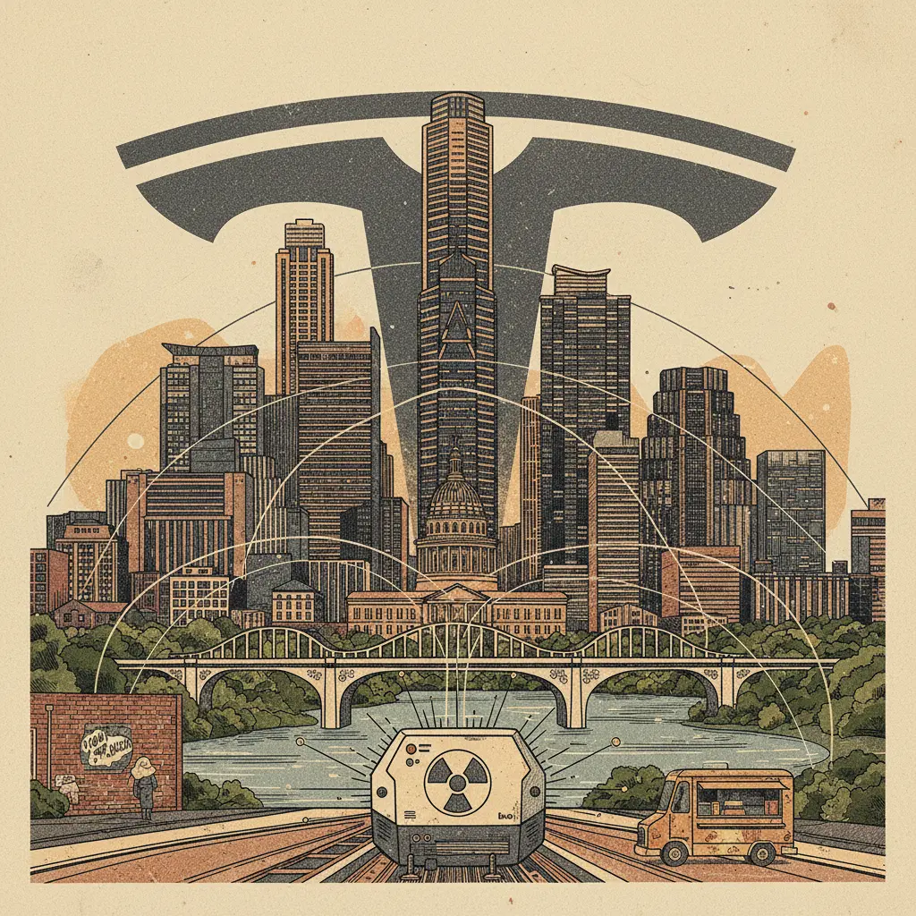 Editorial illustration: TEXAS BETS ON TINY NUKES TO AVOID BECOMING ONE BIG TESLA CHARGING STATION