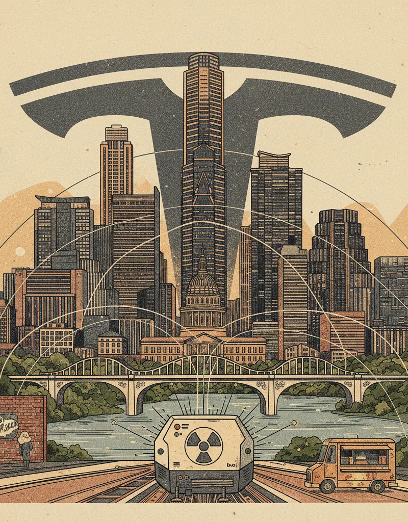 Editorial illustration: TEXAS BETS ON TINY NUKES TO AVOID BECOMING ONE BIG TESLA CHARGING STATION