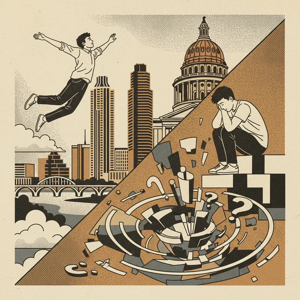 Editorial illustration: WATCH A TEENAGER DEFY GRAVITY OR WALLOW IN EXISTENTIAL DREAD