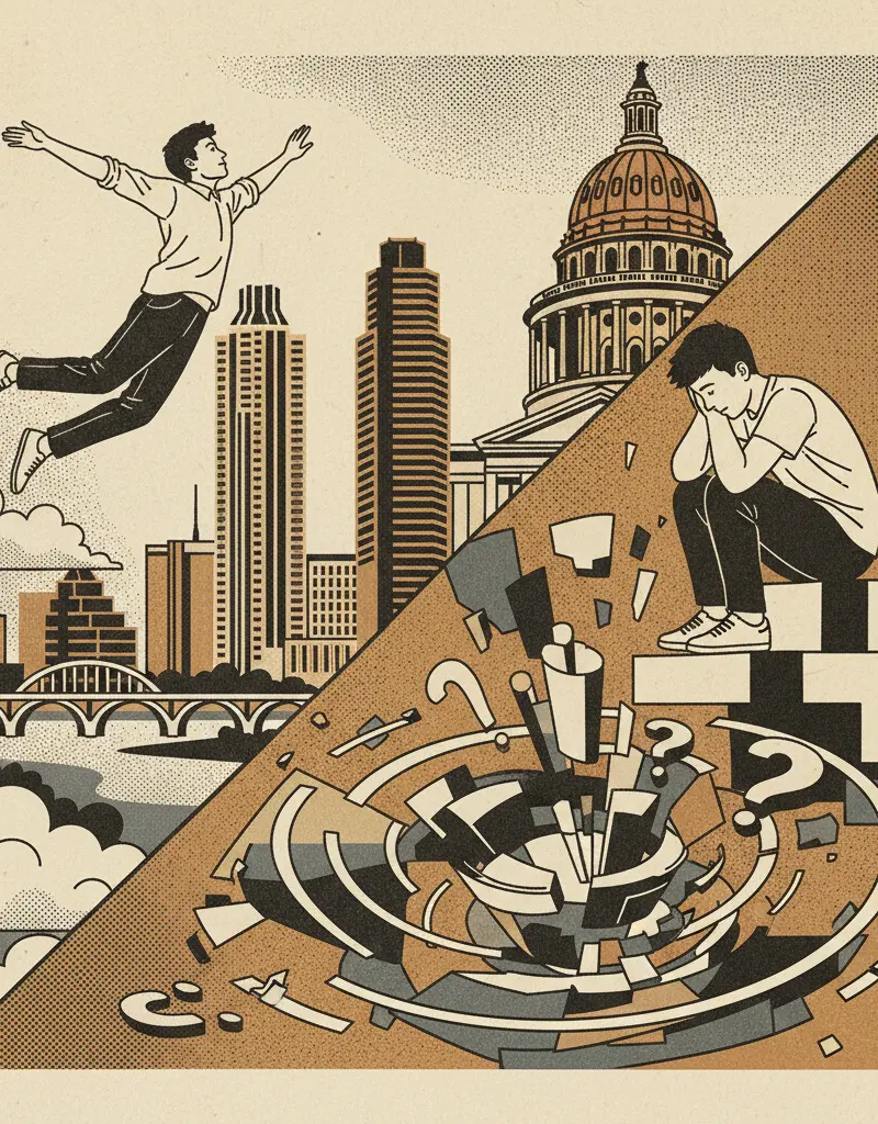 Editorial illustration: WATCH A TEENAGER DEFY GRAVITY OR WALLOW IN EXISTENTIAL DREAD