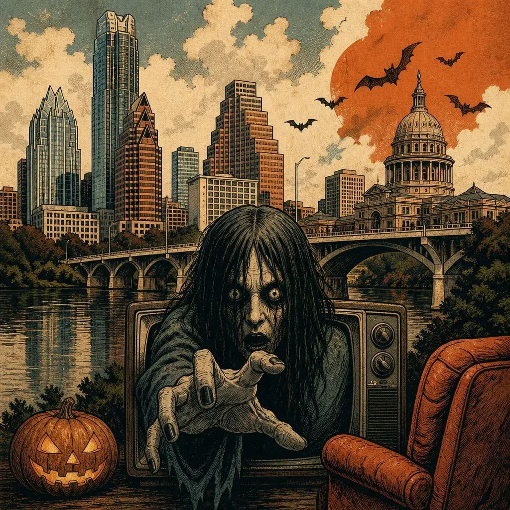 Editorial illustration: STOP REUSING JUMP SCARES — AUSTIN CHRONICLE REVIEW: 'INSIDIOUS: OUT OF THE FURTHER' (AUSTIN HALLOWEEN HAUNT, SEASONAL)