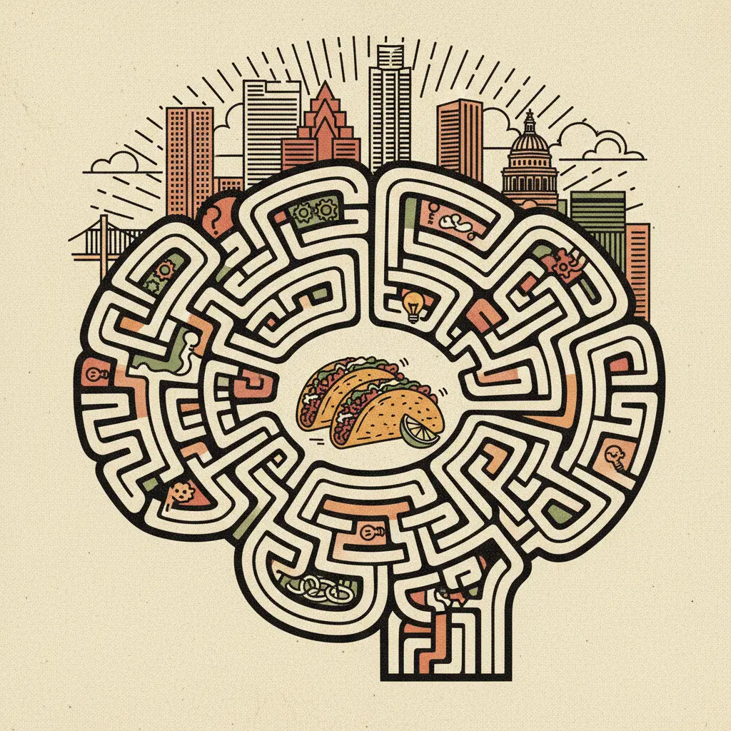Editorial illustration: YOUR BRAIN IS A MAZE, AND THE ANSWER IS 'TACOS'
