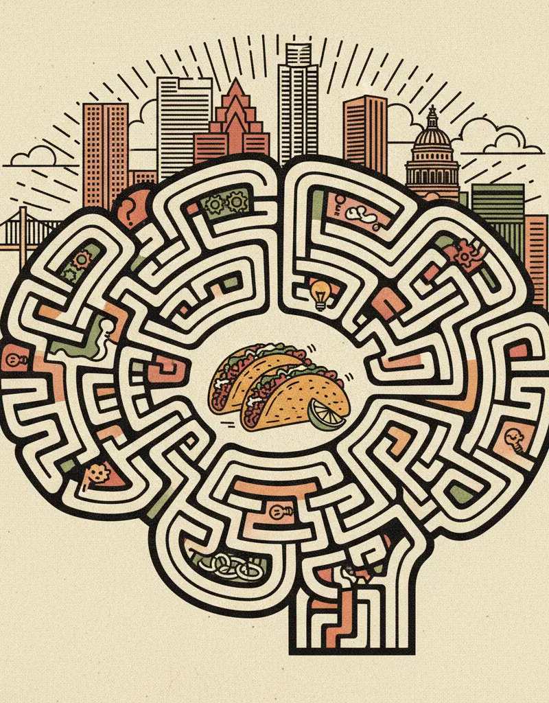 Editorial illustration: YOUR BRAIN IS A MAZE, AND THE ANSWER IS 'TACOS'