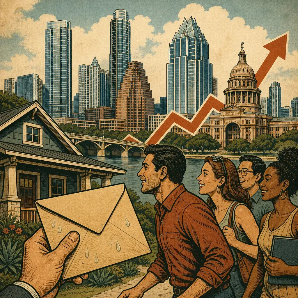 Editorial illustration: AUSTIN METRO HOME SALES RISE 7% AS MEDIAN PRICE HITS $439,995