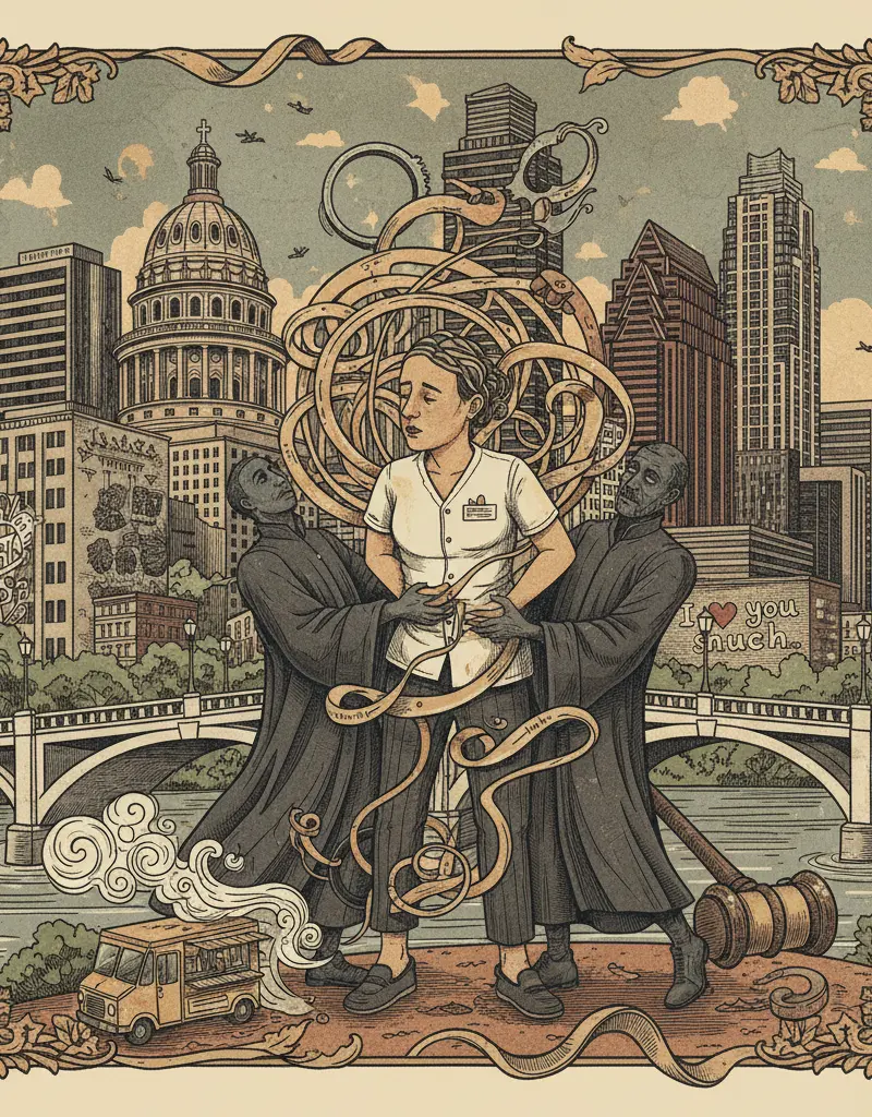 Editorial illustration: RELAX, IN A COURT OF LAW: DOMAIN SPA EMPLOYEE ARRESTED