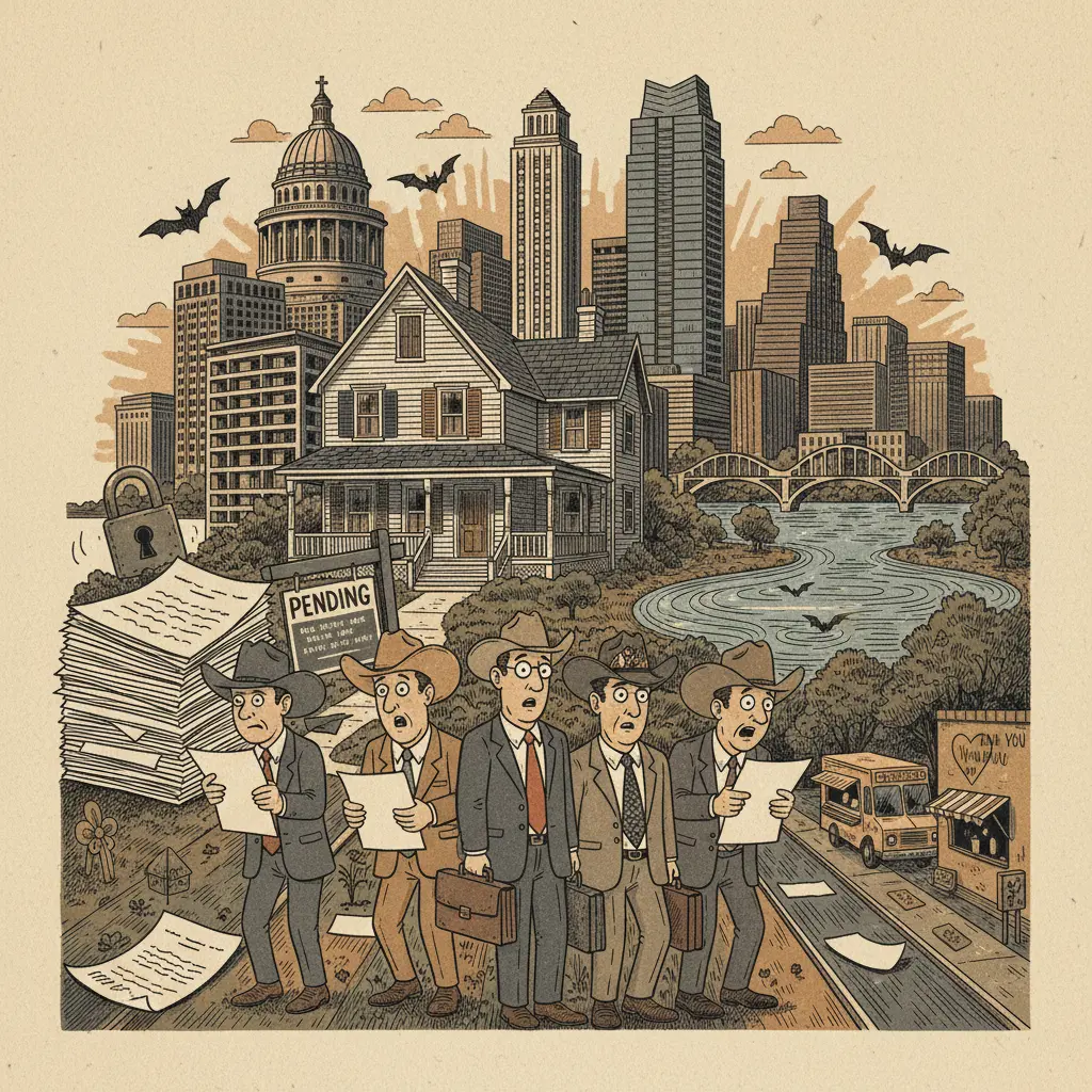 Editorial illustration: TEXAS REAL ESTATE AGENTS DISCOVER THE AMERICAN DREAM IS PENDING... LICENSING