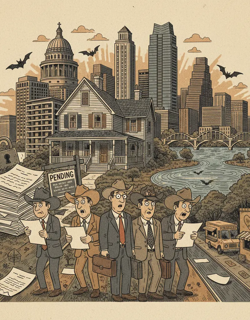 Editorial illustration: TEXAS REAL ESTATE AGENTS DISCOVER THE AMERICAN DREAM IS PENDING... LICENSING