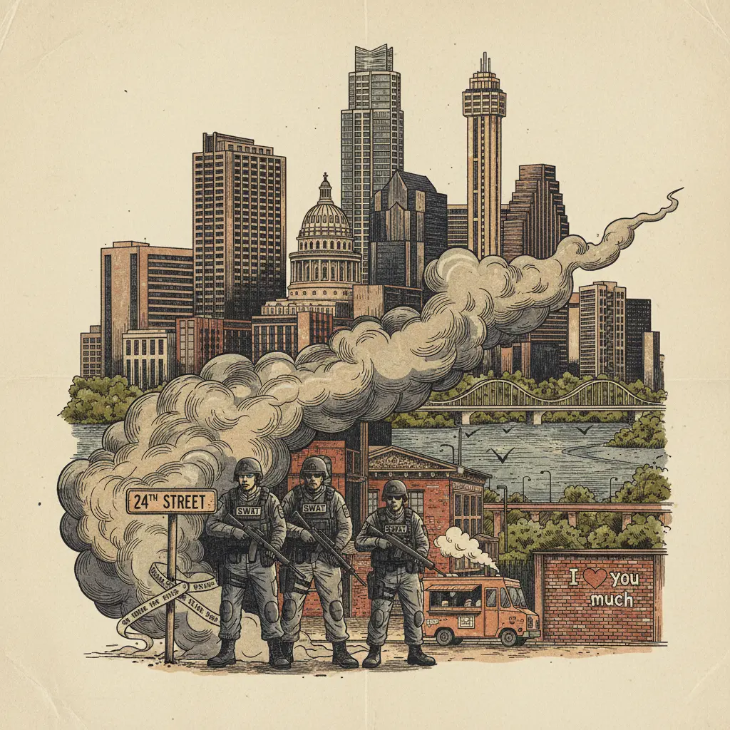 Editorial illustration: SWAT STANDOFF ON 24TH STREET: BECAUSE YOUR TUESDAY WASN'T ALREADY STRESSFUL ENOUGH