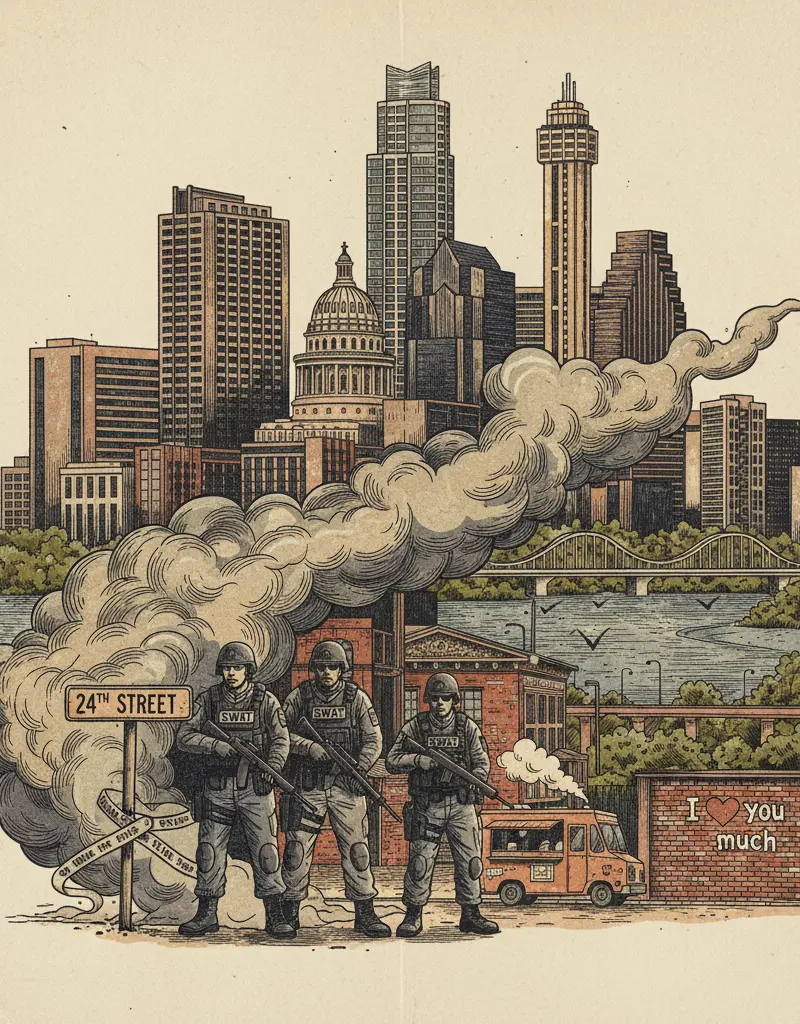 Editorial illustration: SWAT STANDOFF ON 24TH STREET: BECAUSE YOUR TUESDAY WASN'T ALREADY STRESSFUL ENOUGH