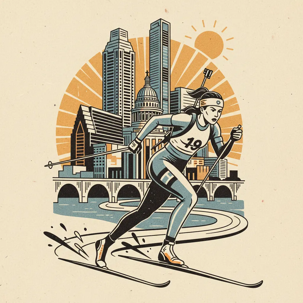 Editorial illustration: SWEDISH BIATHLETE PROVES EXISTENCE IS A COMPETITION