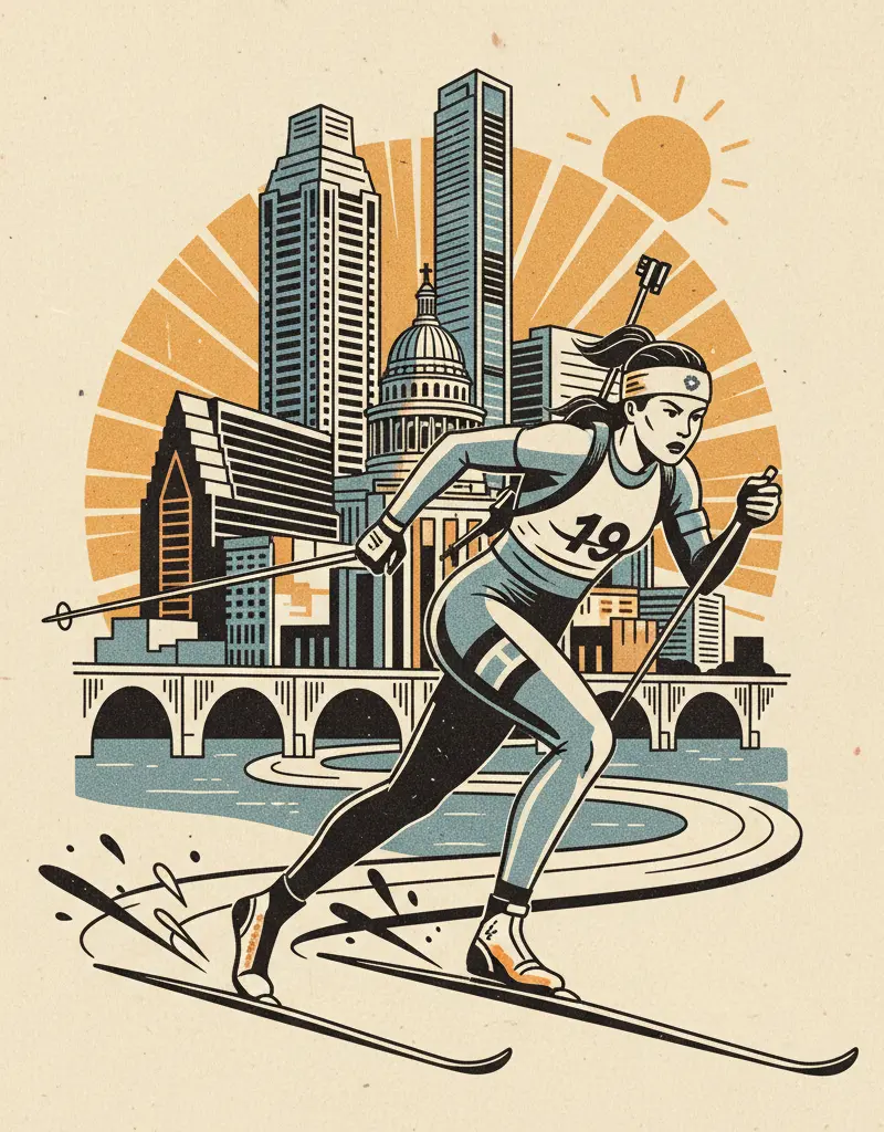 Editorial illustration: SWEDISH BIATHLETE PROVES EXISTENCE IS A COMPETITION