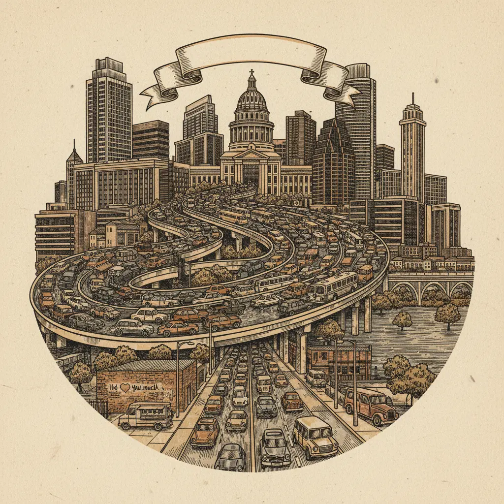 Editorial illustration: AUSTIN TRANSIT PARTNERSHIP SPENDS $7.1 BILLION TO PROVE TRAFFIC IS A UNIVERSAL CONSTANT
