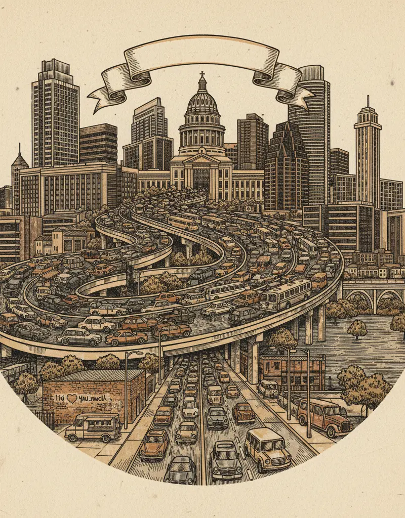 Editorial illustration: AUSTIN TRANSIT PARTNERSHIP SPENDS $7.1 BILLION TO PROVE TRAFFIC IS A UNIVERSAL CONSTANT
