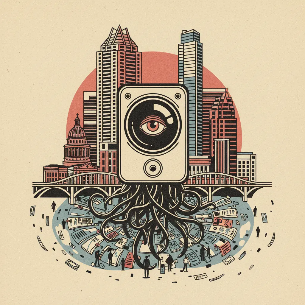 Editorial illustration: YOUR DOORBELL IS WATCHING YOU. EVEN AFTER YOU DELETE THE FOOTAGE.