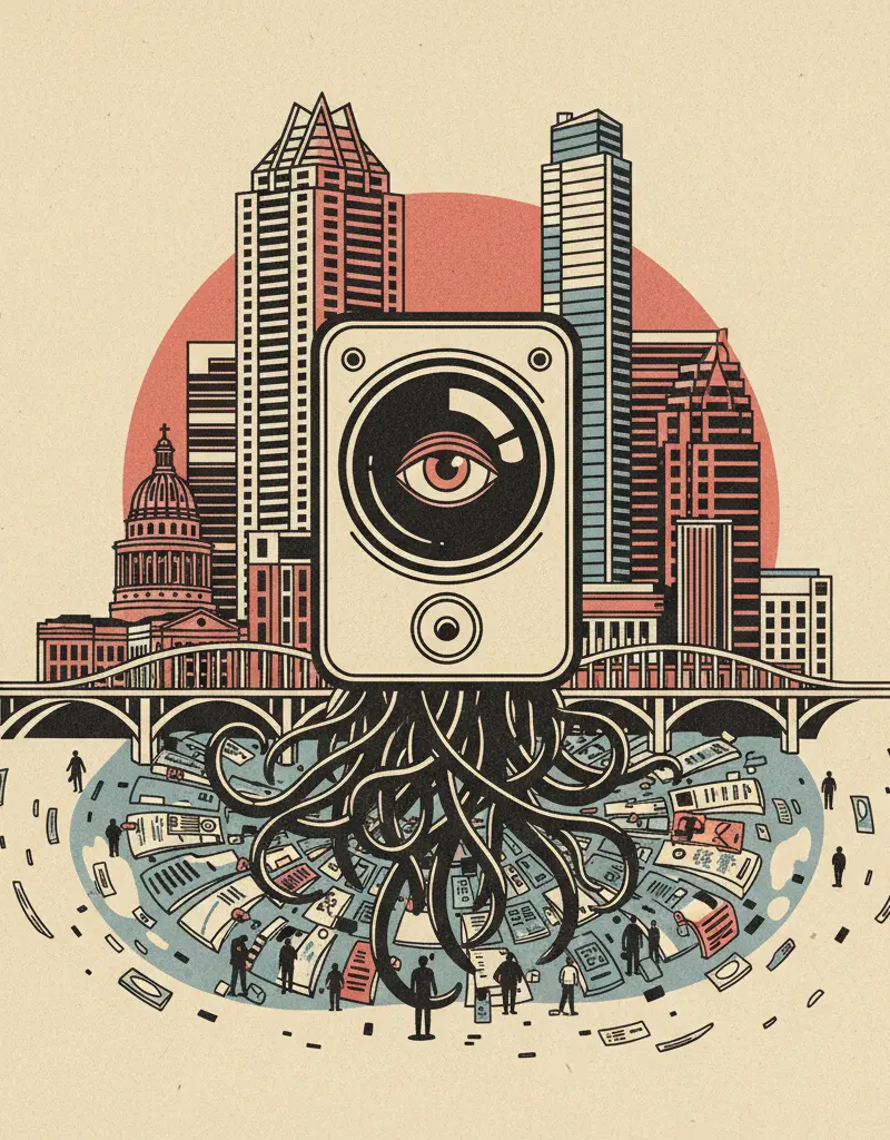 Editorial illustration: YOUR DOORBELL IS WATCHING YOU. EVEN AFTER YOU DELETE THE FOOTAGE.
