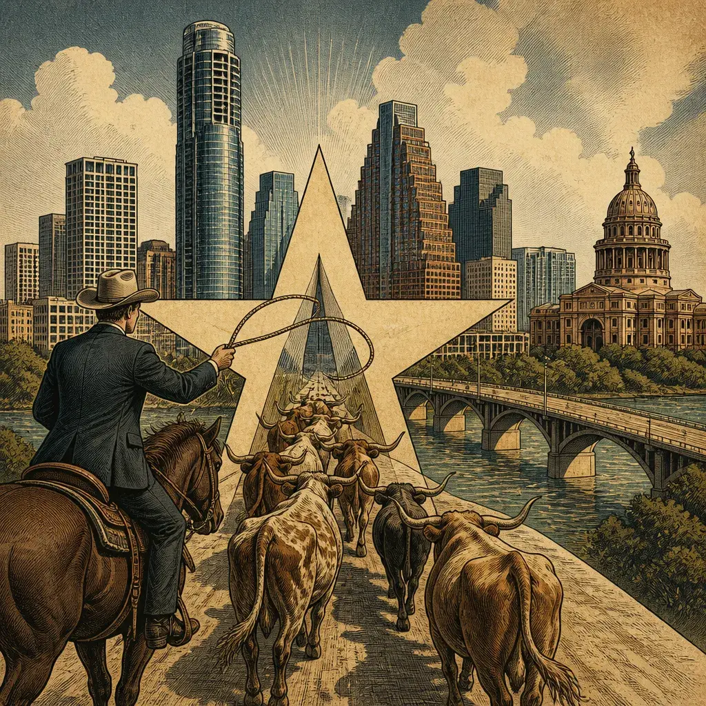 Editorial illustration: HERDING CAPITAL TO THE LONE STAR: APOLLO GLOBAL MANAGEMENT PICKS AUSTIN, TEXAS AS ITS INNOVATION HUB THIS WEEK