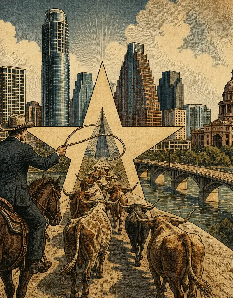 Editorial illustration: HERDING CAPITAL TO THE LONE STAR: APOLLO GLOBAL MANAGEMENT PICKS AUSTIN, TEXAS AS ITS INNOVATION HUB THIS WEEK
