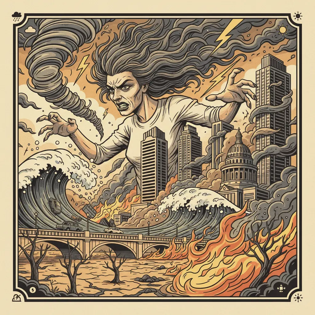 Editorial illustration: MOTHER NATURE CONTINUES HER REIGN OF TERROR