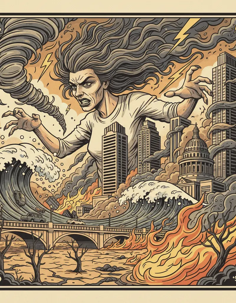 Editorial illustration: MOTHER NATURE CONTINUES HER REIGN OF TERROR