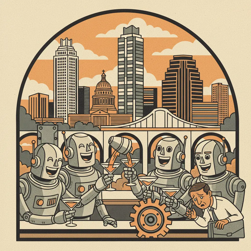 Editorial illustration: ROBOTS ARE STEALING YOUR JOB, BUT FIRST, HAPPY HOUR