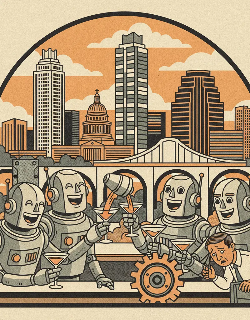 Editorial illustration: ROBOTS ARE STEALING YOUR JOB, BUT FIRST, HAPPY HOUR