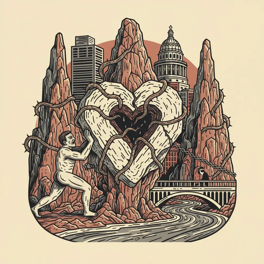 Editorial illustration: LOVE IS A ROCK AND A HARD PLACE