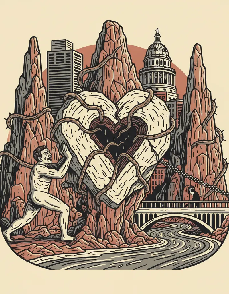 Editorial illustration: LOVE IS A ROCK AND A HARD PLACE