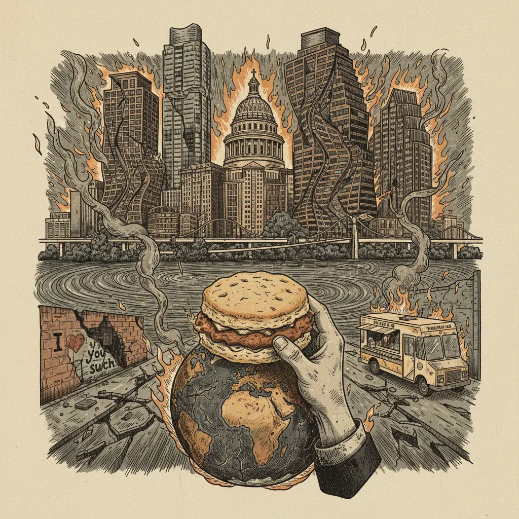 Editorial illustration: GRAB YOUR FREE CHICK-FIL-A CHICKEN BISCUIT WHILE THE PLANET BURNS