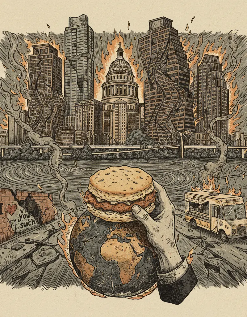 Editorial illustration: GRAB YOUR FREE CHICK-FIL-A CHICKEN BISCUIT WHILE THE PLANET BURNS