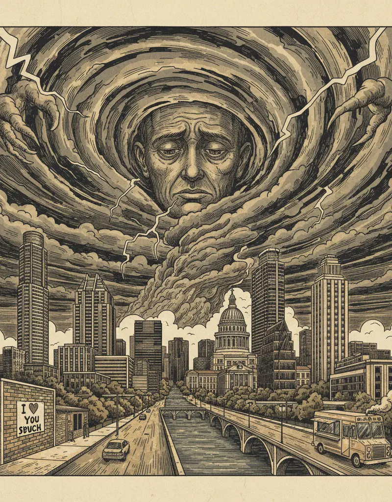 Editorial illustration: PREPARE TO APOLOGIZE TO THE SKY FOR YOUR SINS: CENTRAL TEXAS WEATHER