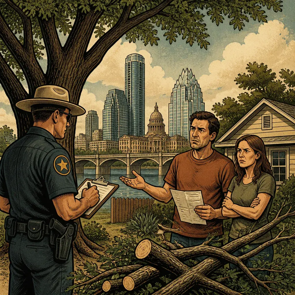 Editorial illustration: THE TREE POLICE BILL YOUR BACKYARD FOR EXISTENCE · AUSTIN HOMEOWNER SUES CITY OVER $8,800 TREE-TRIMMING FEE