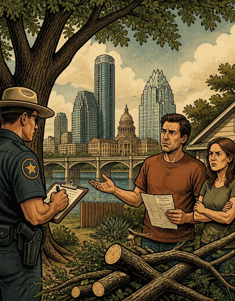 Editorial illustration: THE TREE POLICE BILL YOUR BACKYARD FOR EXISTENCE · AUSTIN HOMEOWNER SUES CITY OVER $8,800 TREE-TRIMMING FEE