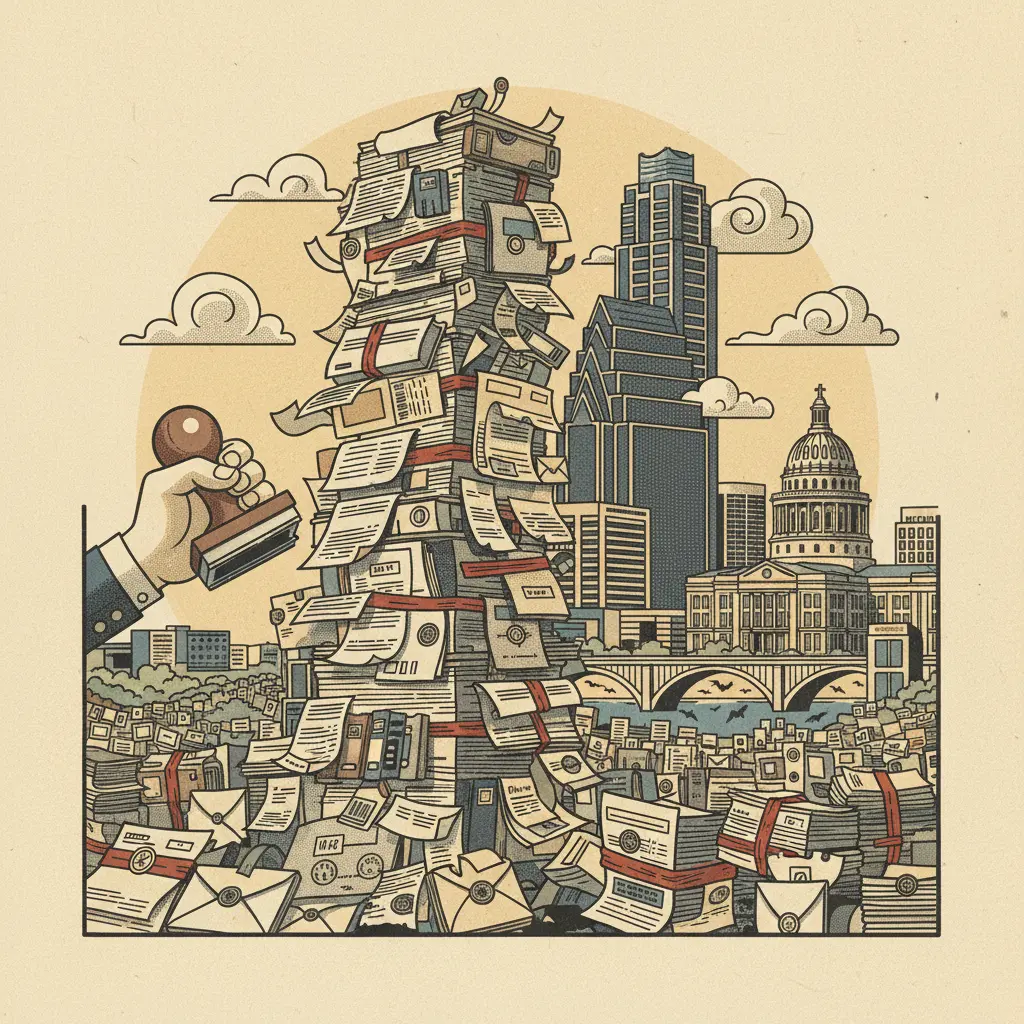 Editorial illustration: THE BORDER WALL: NOW WITH EXTRA BUREAUCRACY