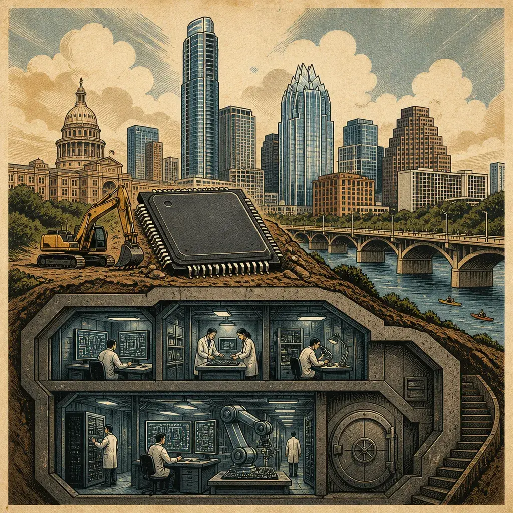 Editorial illustration: QUALCOMM BUYS MORE ROOM FOR ITS R&D BUNKER · $16.2M, NEARLY 70,000 SQ FT EXPANSION IN NORTH AUSTIN BY 2027