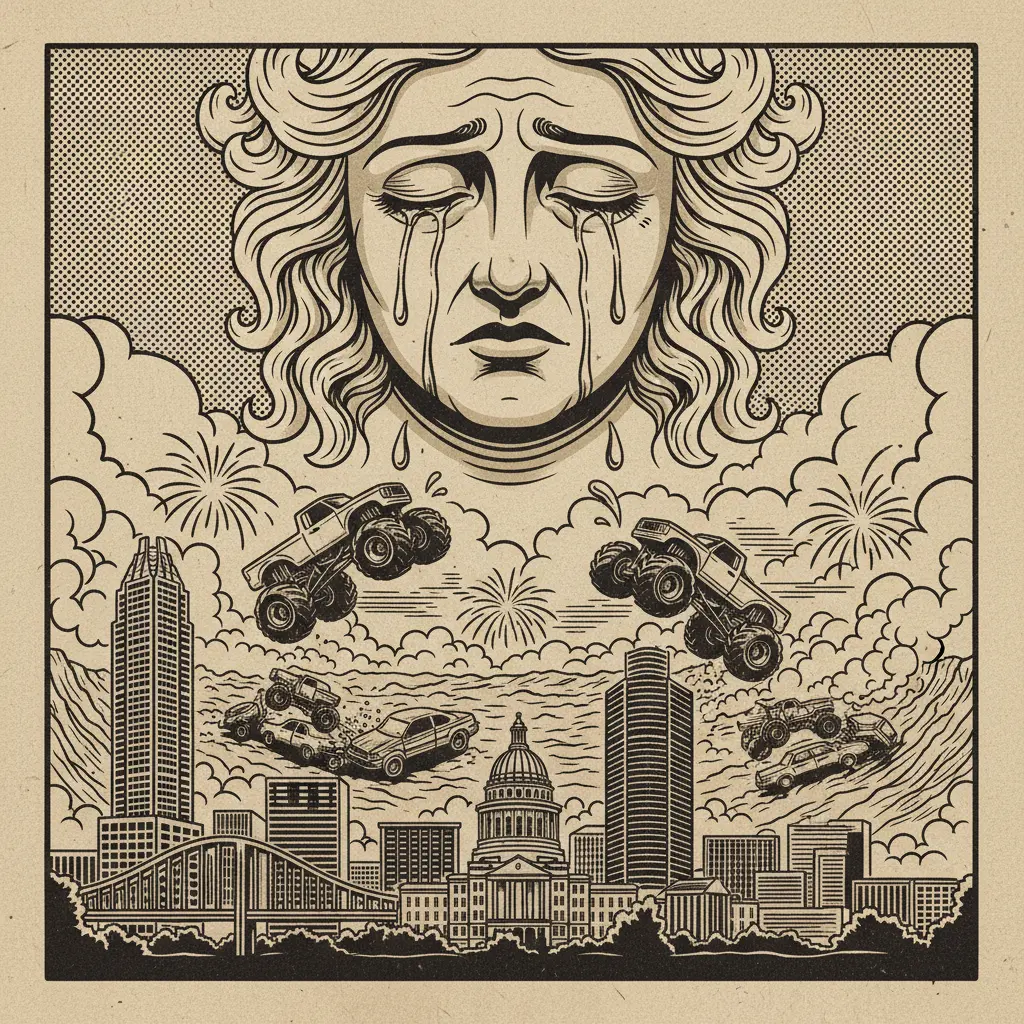 Editorial illustration: GOD IS CRYING AT MONSTER JAM
