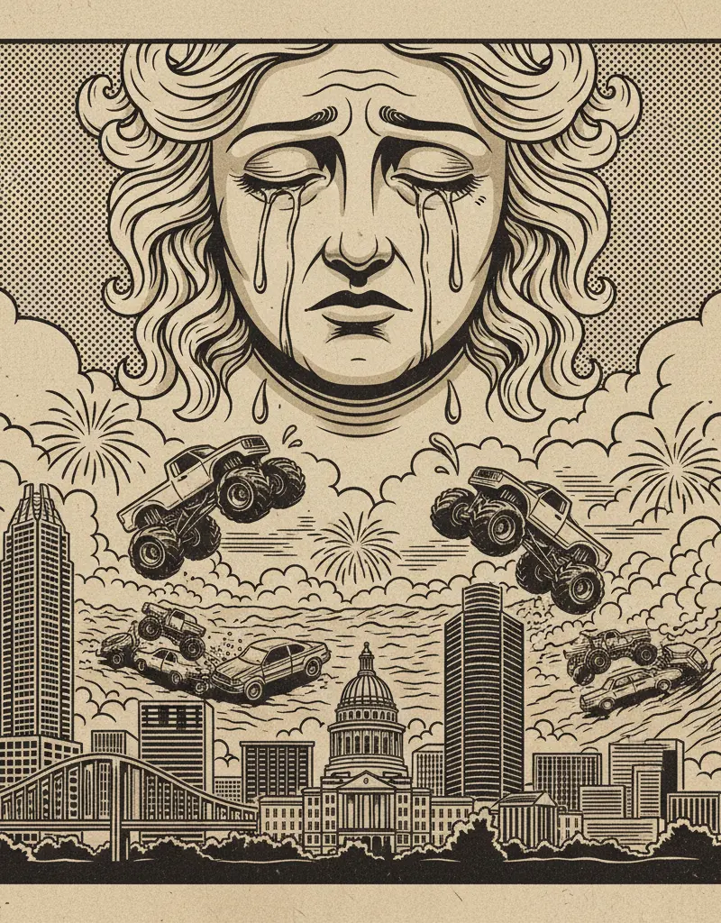 Editorial illustration: GOD IS CRYING AT MONSTER JAM