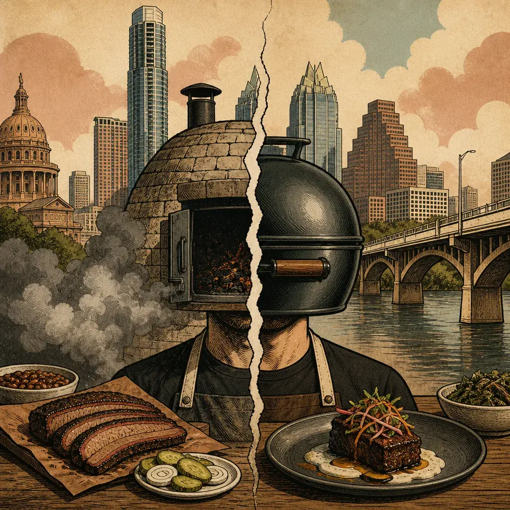 Editorial illustration: BARBECUE IS HAVING AN IDENTITY CRISIS: CỦI OPENS AT 7318 MCNEIL