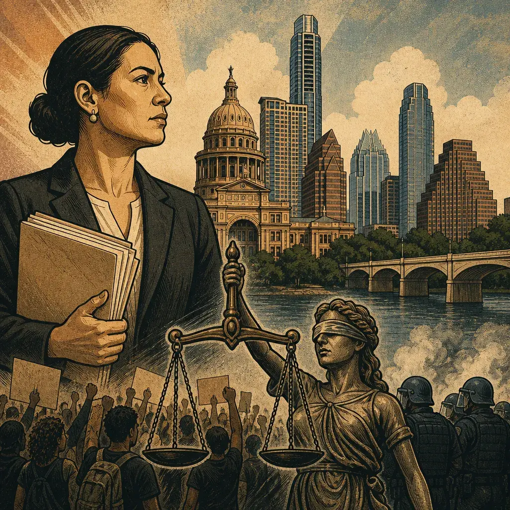 Editorial illustration: TRYING ON ACCOUNTABILITY FOR SIZE — TRAVIS COUNTY DA FILES MOTION IN APD 2020 PROTEST CASE