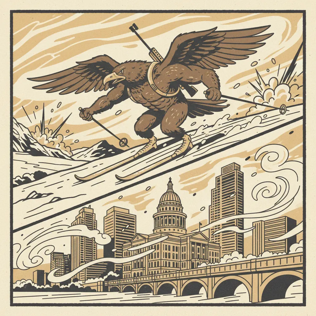 Editorial illustration: KIWI GOES FULL EAGLE: BIATHLON DRAMA UNFOLDS