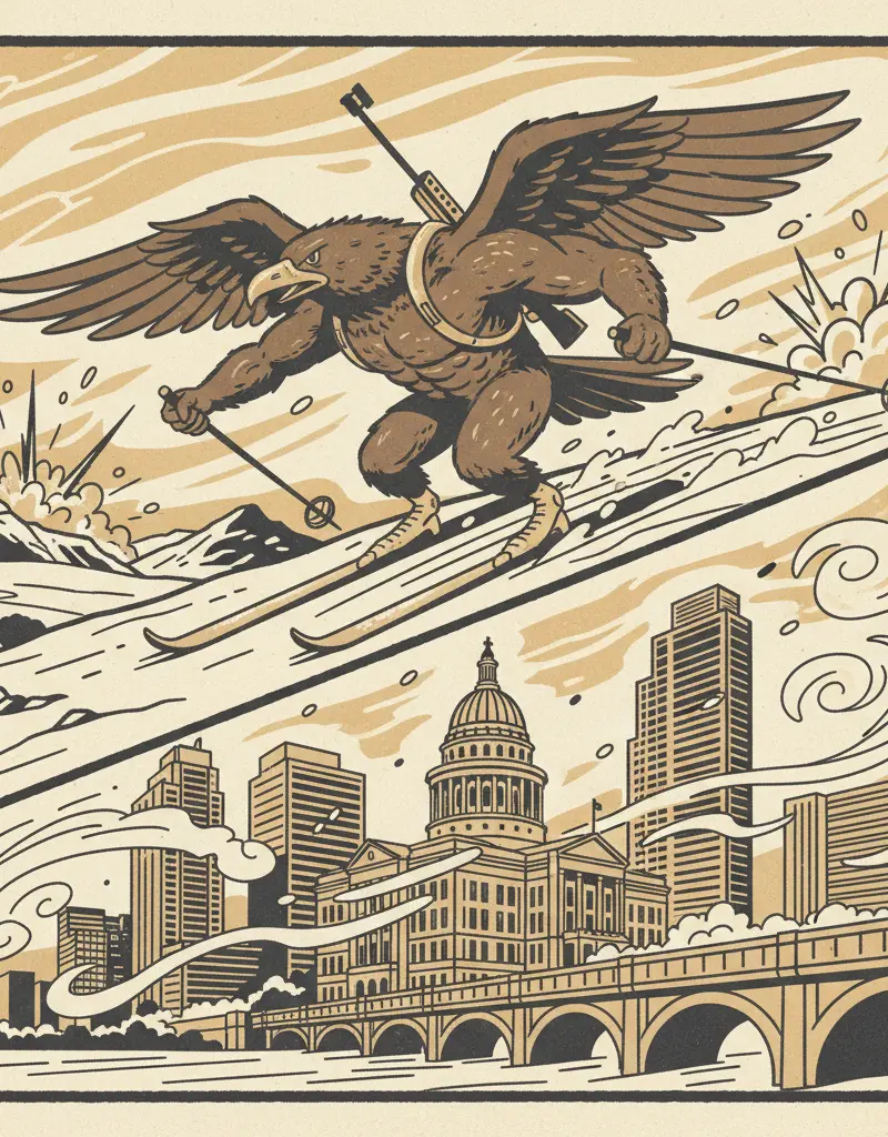 Editorial illustration: KIWI GOES FULL EAGLE: BIATHLON DRAMA UNFOLDS