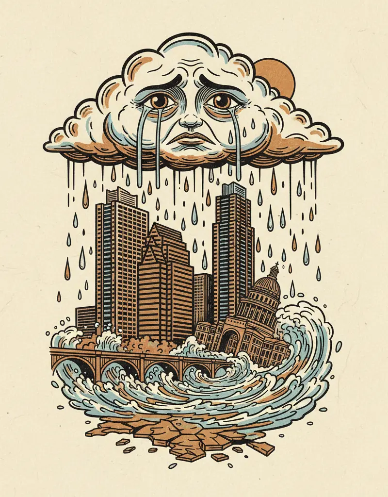 Editorial illustration: THE SKY IS SOBBING: PREPARE FOR THE INEVITABLE