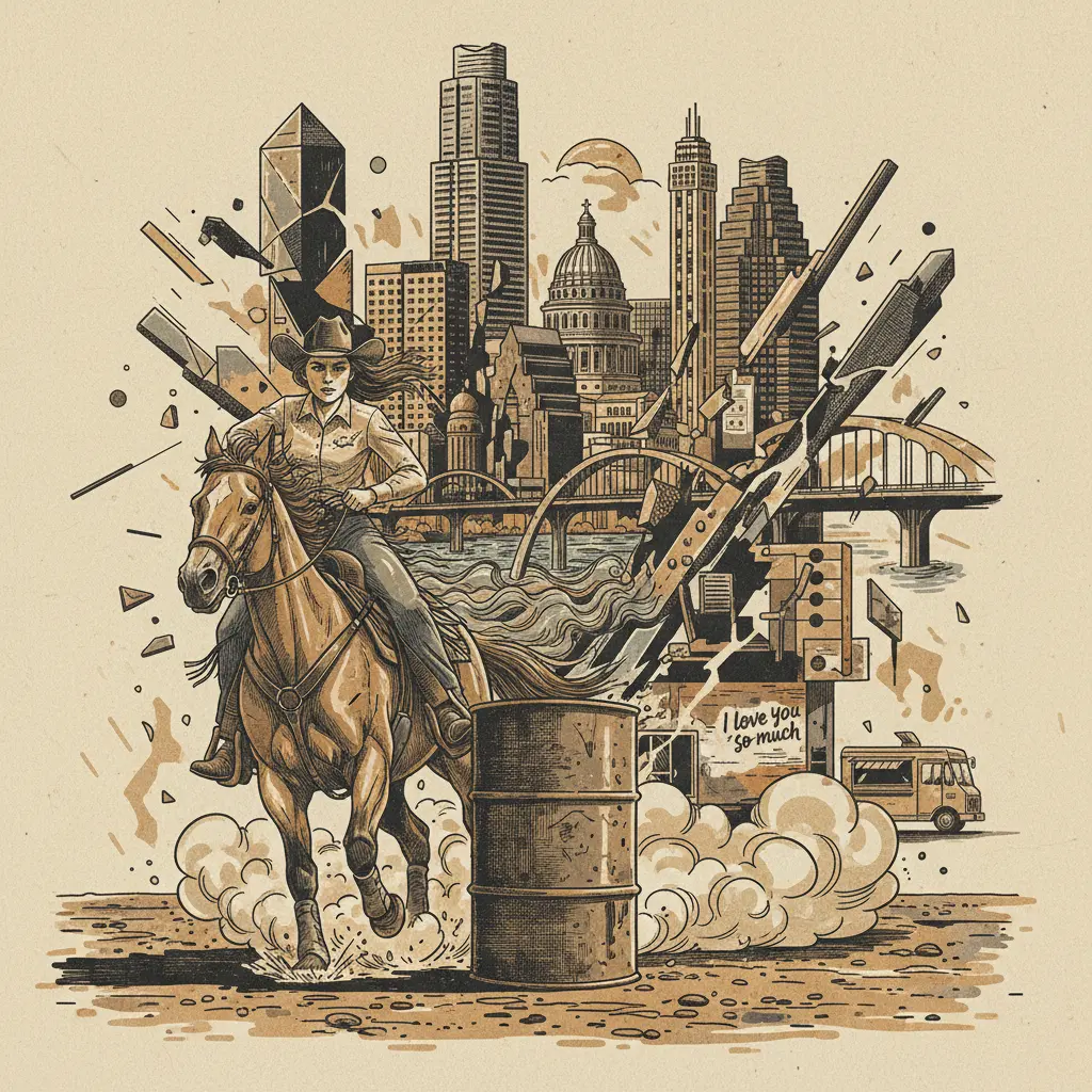Editorial illustration: 13-YEAR-OLD BARREL RACER RIDES HER WAY OUT OF THE DYSTOPIAN NIGHTMARE