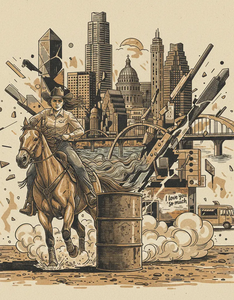 Editorial illustration: 13-YEAR-OLD BARREL RACER RIDES HER WAY OUT OF THE DYSTOPIAN NIGHTMARE