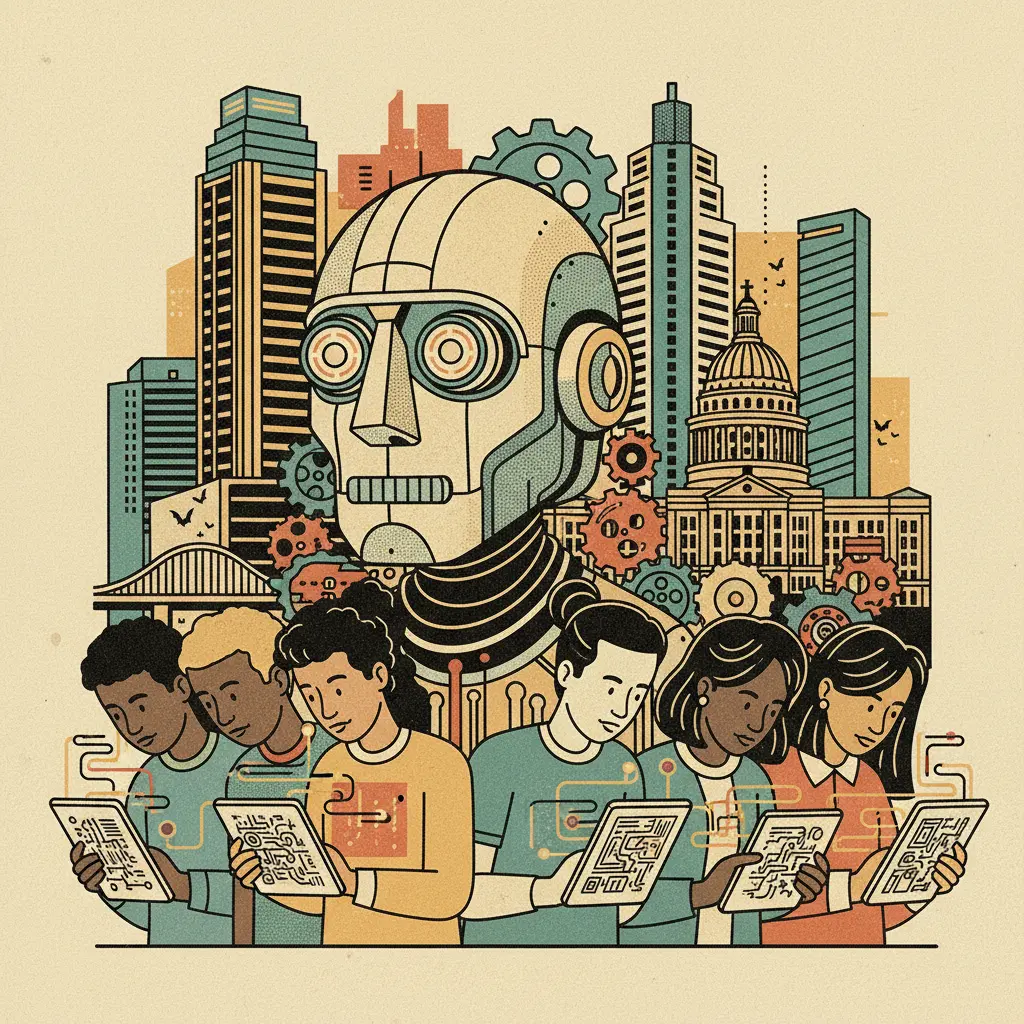 Editorial illustration: AUSTIN ISD ASKS STUDENTS TO PLEASE THINK OF THE ALGORITHMS